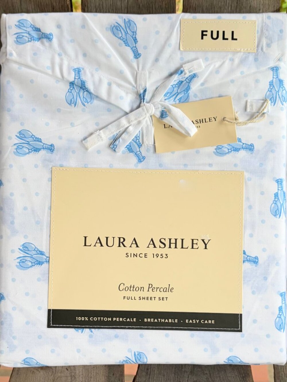 Laura Ashley FULL Size Blue Lobster Cotton Sheet Set crisp cotton percale
